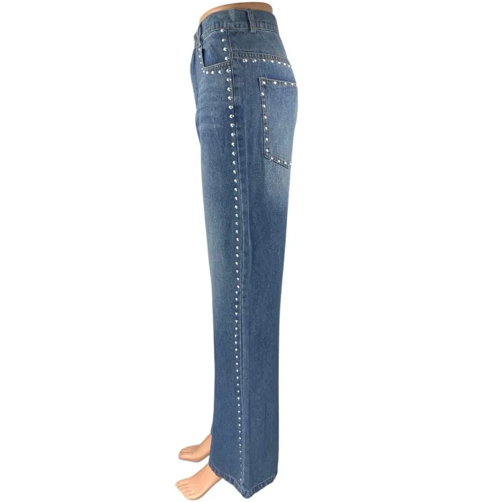 Women's Blue Studded Medium Wash High Waist Flared Bootcut Denim Jeans Pants 28